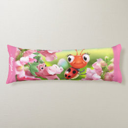 Ladybug in flower garden. Pink Giant custom Body Pillow