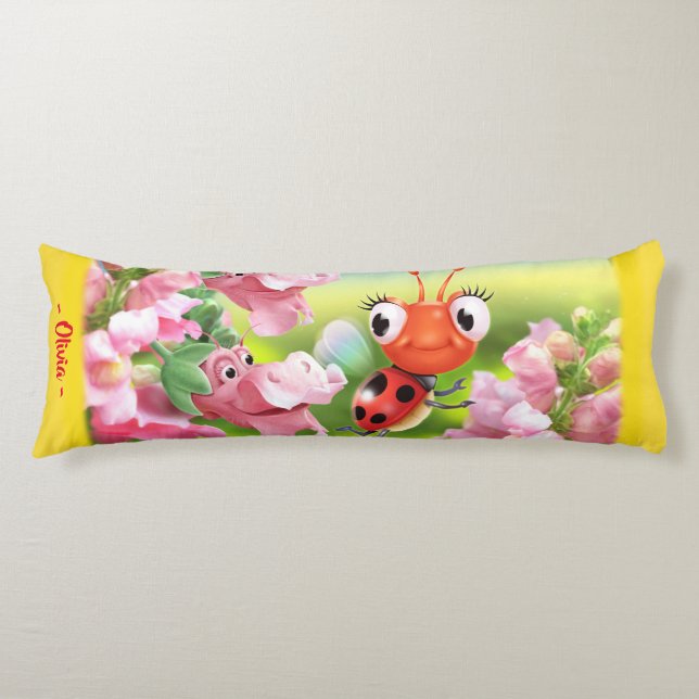 Ladybug in flower garden. Yellow Giant custom Body Pillow (Front)