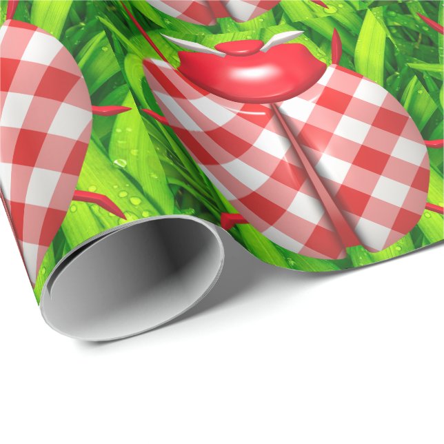 Ladybug in grass gingham check cute red green wrapping paper (Roll Corner)