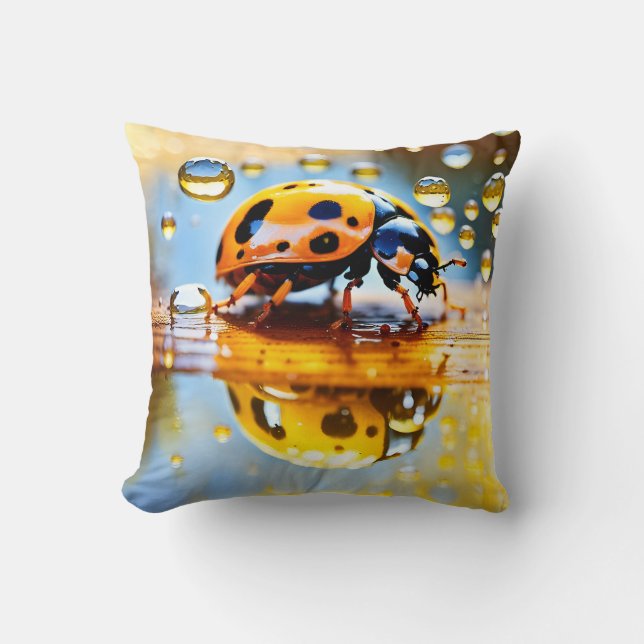 Ladybug in rain Throw Pillow (Front)