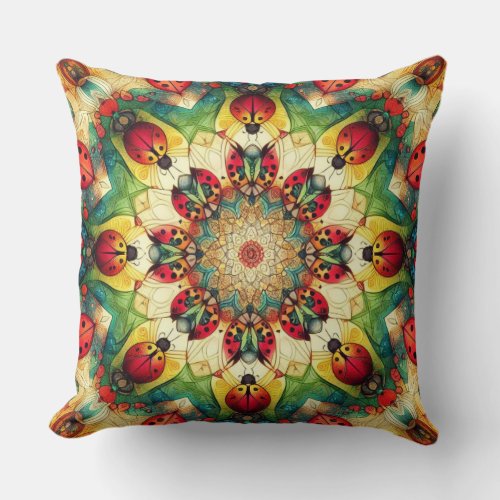 LADYBUG IN RED  YELLOW ABSTRACT PATTERN THROW PILLOW