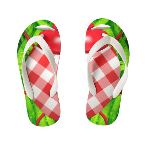 Ladybug in the grass gingham check cute kids flip flops