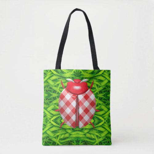 Ladybug in the grass gingham check cute tote bag