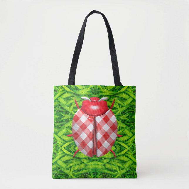 Ladybug in the grass gingham check cute tote bag (Front)