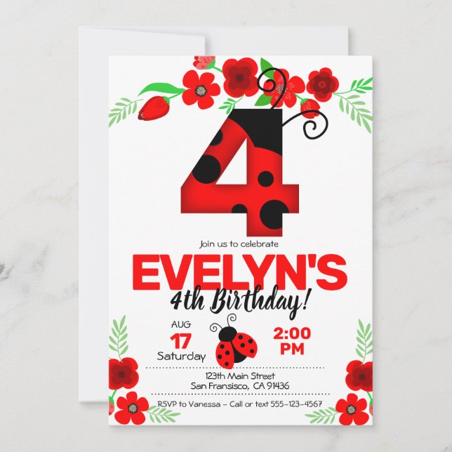 Ladybug Invitation for 4th Birthday (Front)