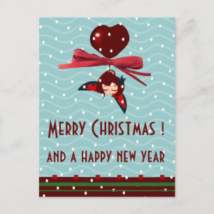 ladybug kawaii xmas greetings holiday postcard