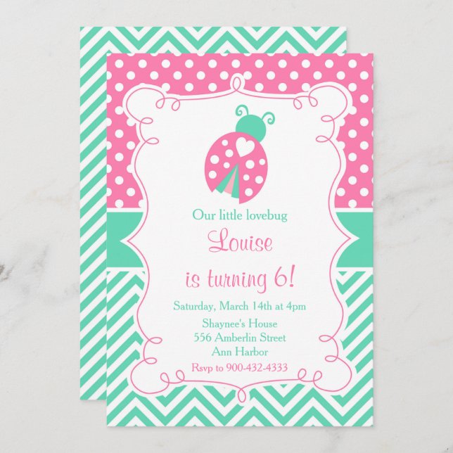 Ladybug Ladybird Pink Birthday Party Invitation (Front/Back)