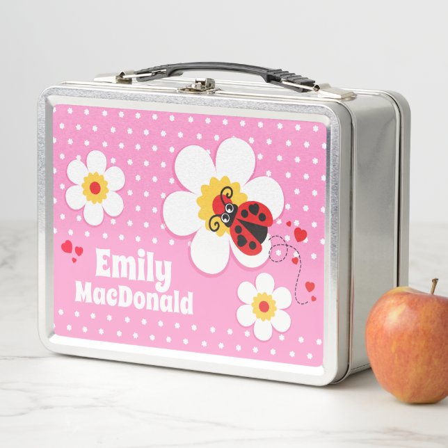 Ladybug ladybird pink red girls name lunch box (In Situ)