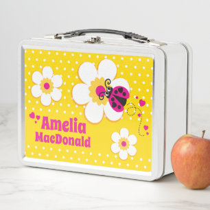 Ladybug ladybird pink yellow girls name lunch box