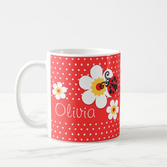 Ladybug / ladybird red yellow white girls name coffee mug (Left)