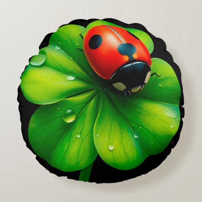 Ladybug on a Dew-Covered Leaf Round Pillow (Front)