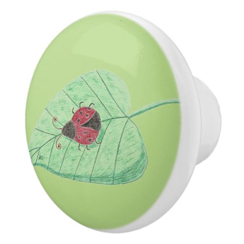 Ladybug on a leaf light green ceramic knob