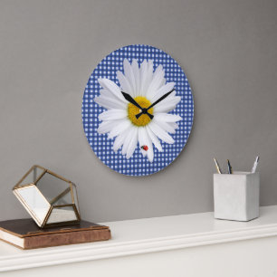 Ladybug on a White Daisy with Gingham Large Clock