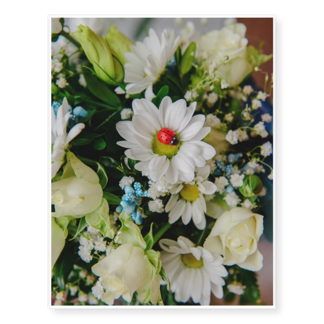 Ladybug on a white flower temporary tattoos (Front)