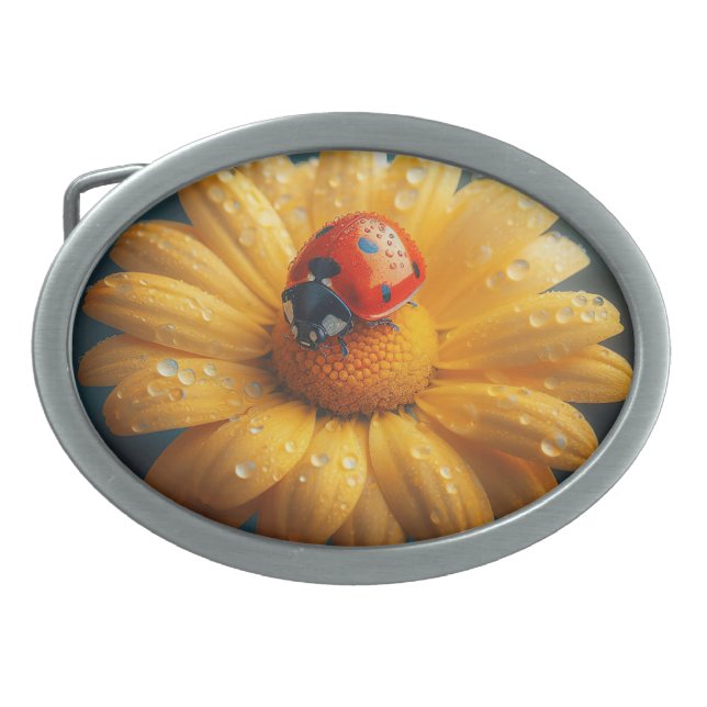 Ladybug on a yellow flower macro belt buckle (Front)