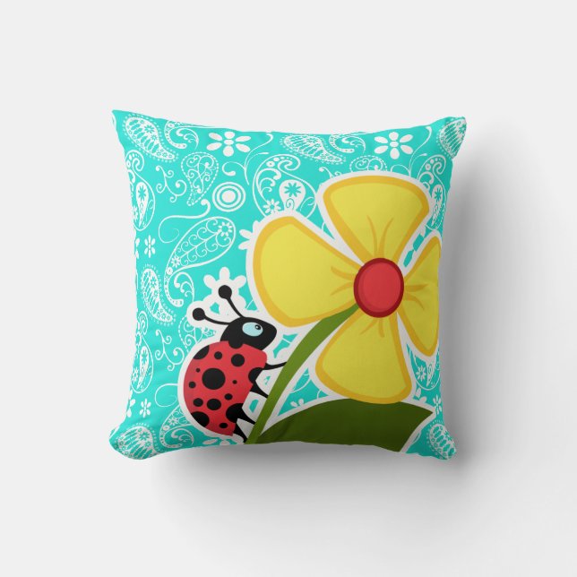 Ladybug on Aqua Color Paisley; Floral Throw Pillow (Front)