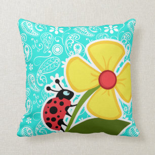 Ladybug on Aqua Color Paisley; Floral Throw Pillow