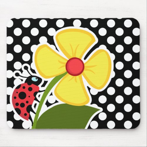 Ladybug on Black and White Polka Dots Mouse Pad