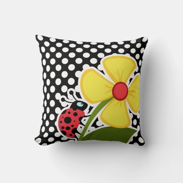 Ladybug on Black and White Polka Dots Throw Pillow (Front)