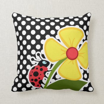 Ladybug On Black And White Polka Dots Throw Pillow by Birthday_Party_House at Zazzle