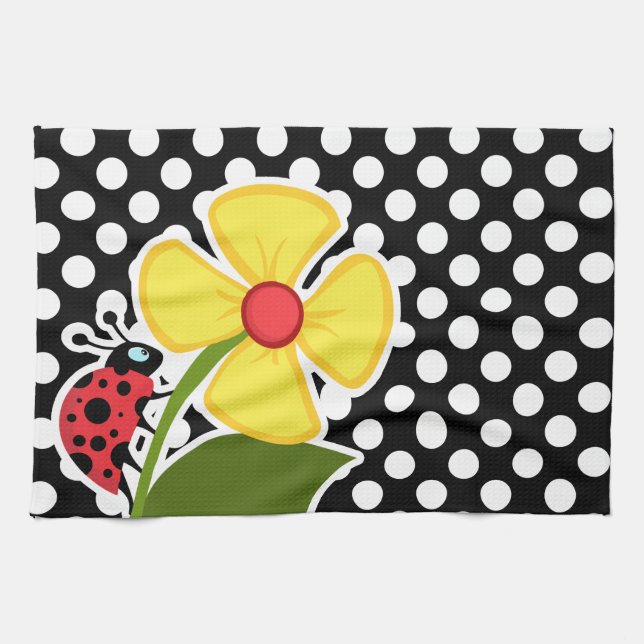 Ladybug on Black and White Polka Dots Towel (Horizontal)