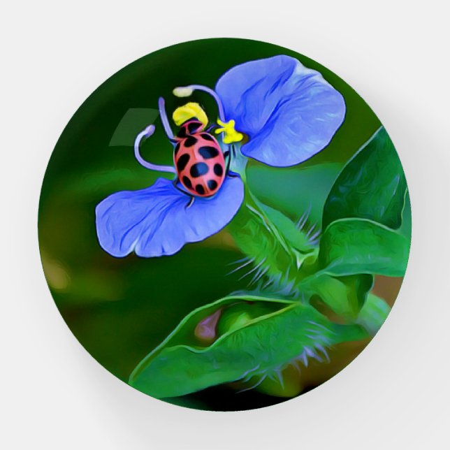 Ladybug on Blue Flower Paperweight (Front)