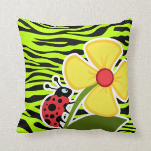 Ladybug on Chartreuse Zebra Stripes Animal Print Throw Pillow
