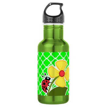 Ladybug On Electric Green Quatrefoil Water Bottle by Birthday_Party_House at Zazzle
