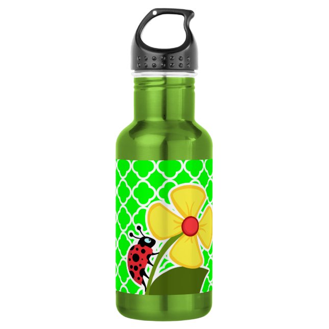 Ladybug on Electric Green Quatrefoil Water Bottle (Front)