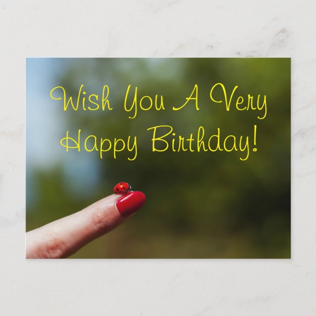 Ladybug on finger happy birthday wish postcard (Front)