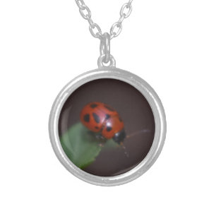 Ladybug on Flowers Silver Plated Necklace