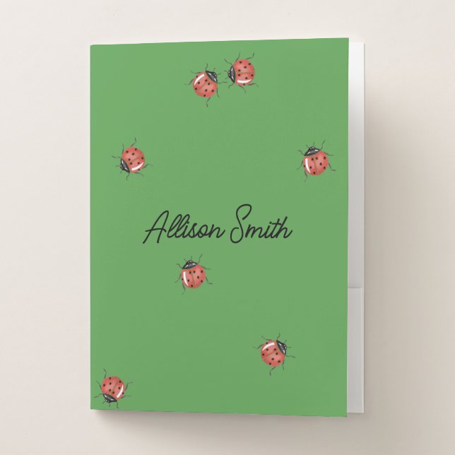 Ladybug on green personalized pocket folder (Front)