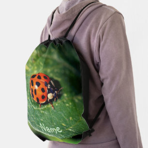 Ladybug On Leaf Close Up Personalized Drawstring Bag