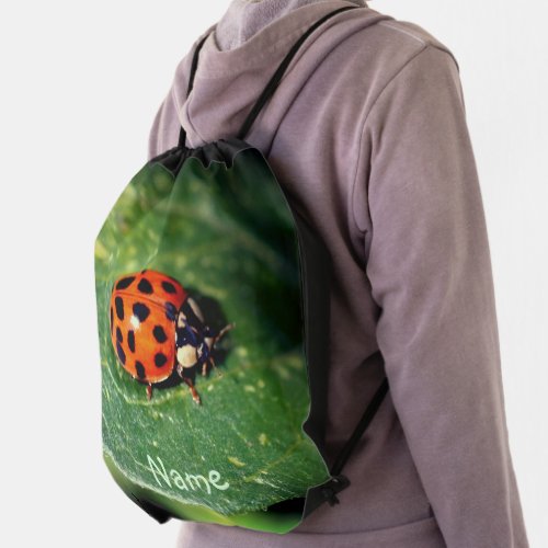 Ladybug On Leaf Close Up Personalized Drawstring Bag