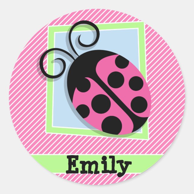 Ladybug on Pink & White Stripes Classic Round Sticker (Front)