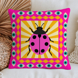 Ladybug on Retro Sunrays Funky Evil Eyes Dopamine Throw Pillow