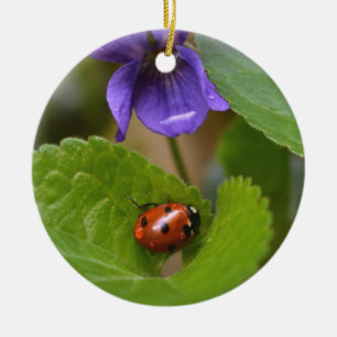Ladybug on Sweet Violet Flowers Ceramic Ornament