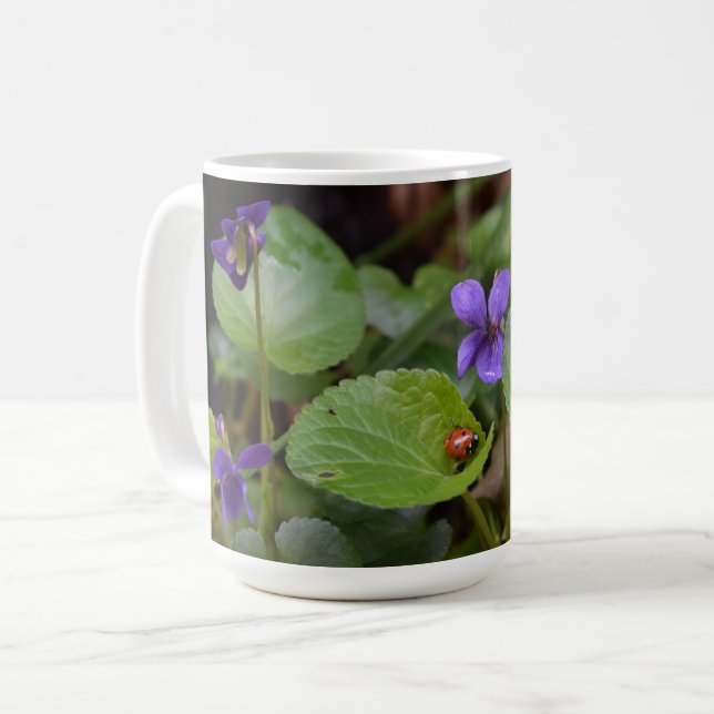 Ladybug on Sweet Violet Flowers Coffee Mug (Front Left)