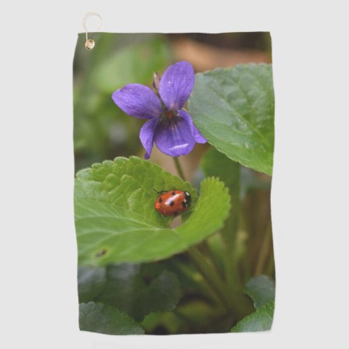 Ladybug on Sweet Violet Flowers Golf Towel
