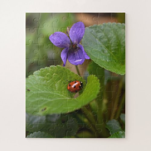 Ladybug on Sweet Violet Flowers Jigsaw Puzzle