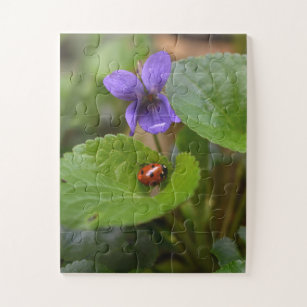 Ladybug on Sweet Violet Flowers Jigsaw Puzzle