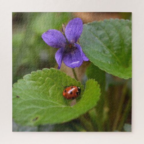 Ladybug on Sweet Violet Flowers Jigsaw Puzzle