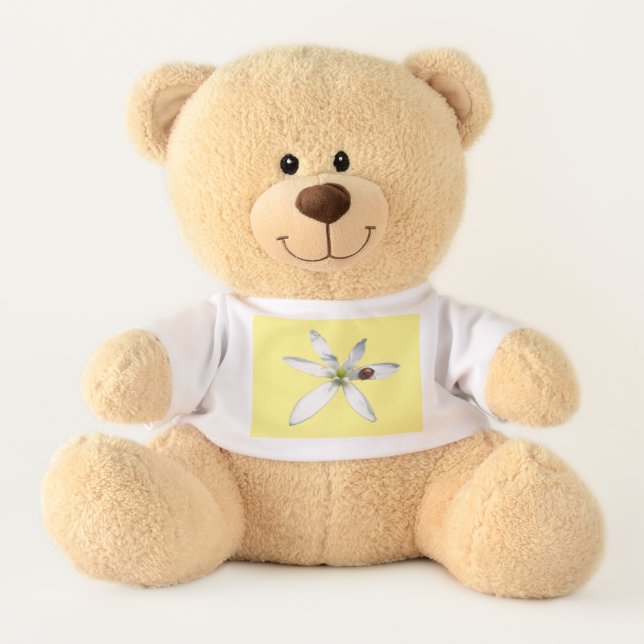 Ladybug on White Flower Cust. Color Teddy Bear (Front)