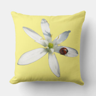 Ladybug on White Flower Cust. Yellow Throw Pillow