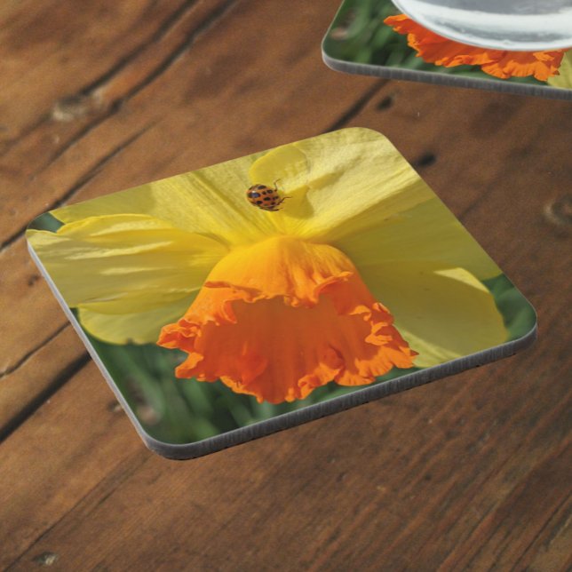 Ladybug on Yellow Daffodil Floral Beverage Coaster (In Situ)