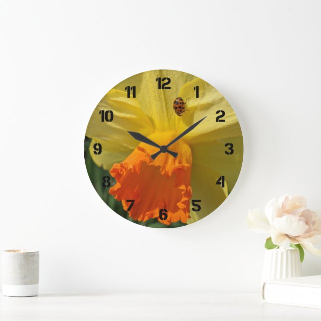 Ladybug on Yellow Daffodil Floral Large Clock (Home)