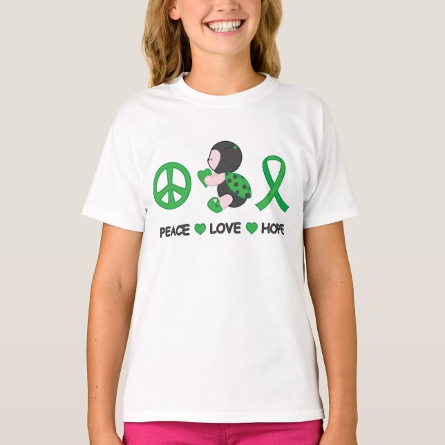 Ladybug Peace Love Hope Green Awareness Ribbon T-Shirt (Front)