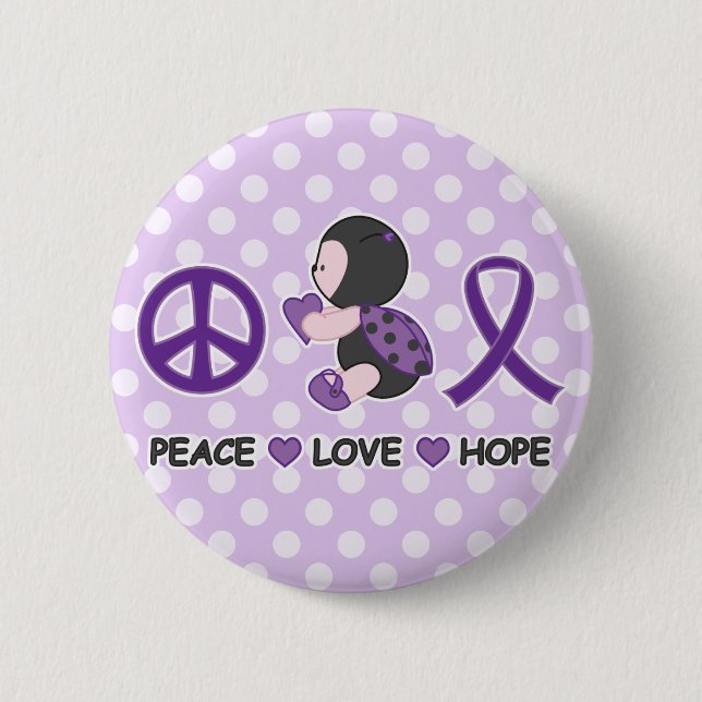 Ladybug Peace Love Hope Purple Awareness Ribbon Button (Front)