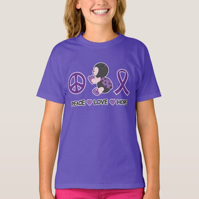Ladybug Peace Love Hope Purple Awareness Ribbon T-Shirt (Front)