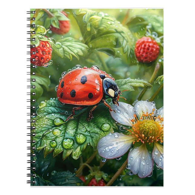 Ladybug Perched on Dew-Covered Strawberry Plant Notebook (Front)